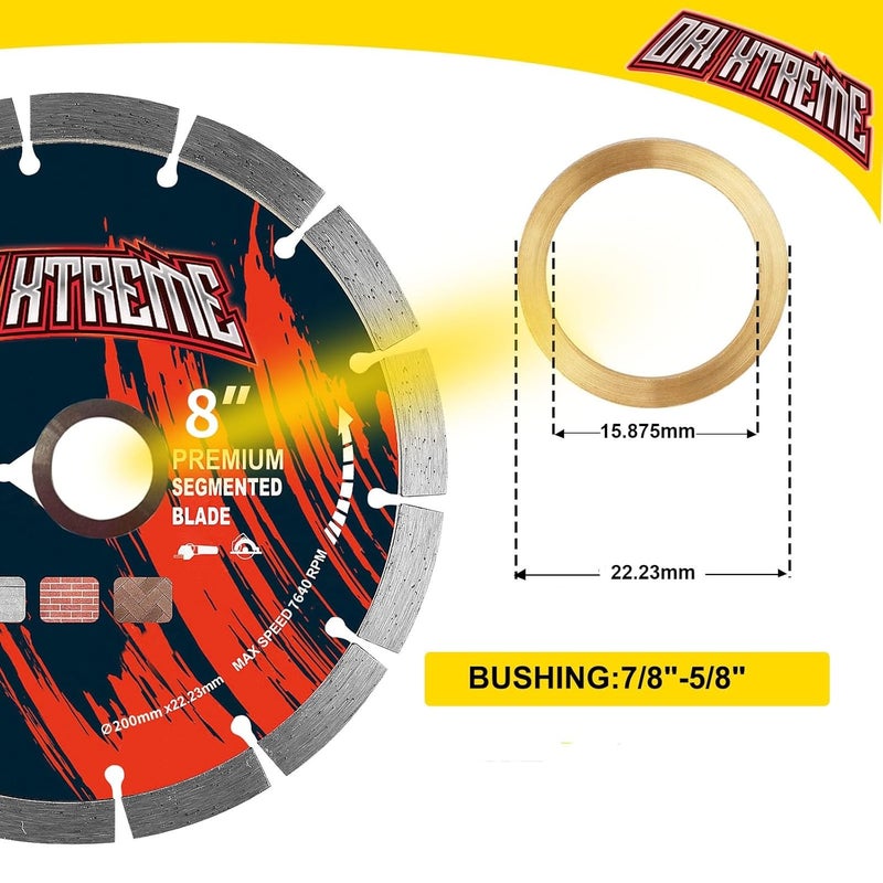 ORIXTREME 8Inch Diamond Saw Blade, Segmented General Purpose Blade Dry/Wet Cutting Concrete, Masonry, Brick, Block,Stone 7/8"-5/8” Arbor - Image 3